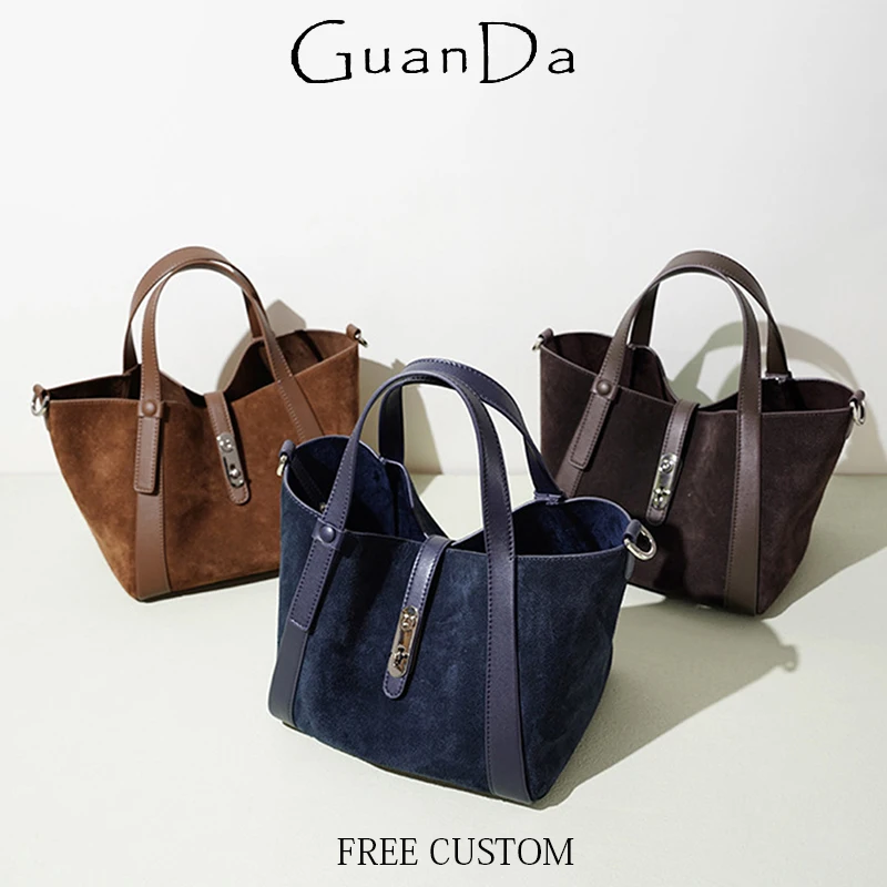 Luxury Suede Leather Handbag Woman Custom Name Lady Fashion Shoulder Bag Commuting Party Crossbody Bag Retro Cowhide Bucket Bag