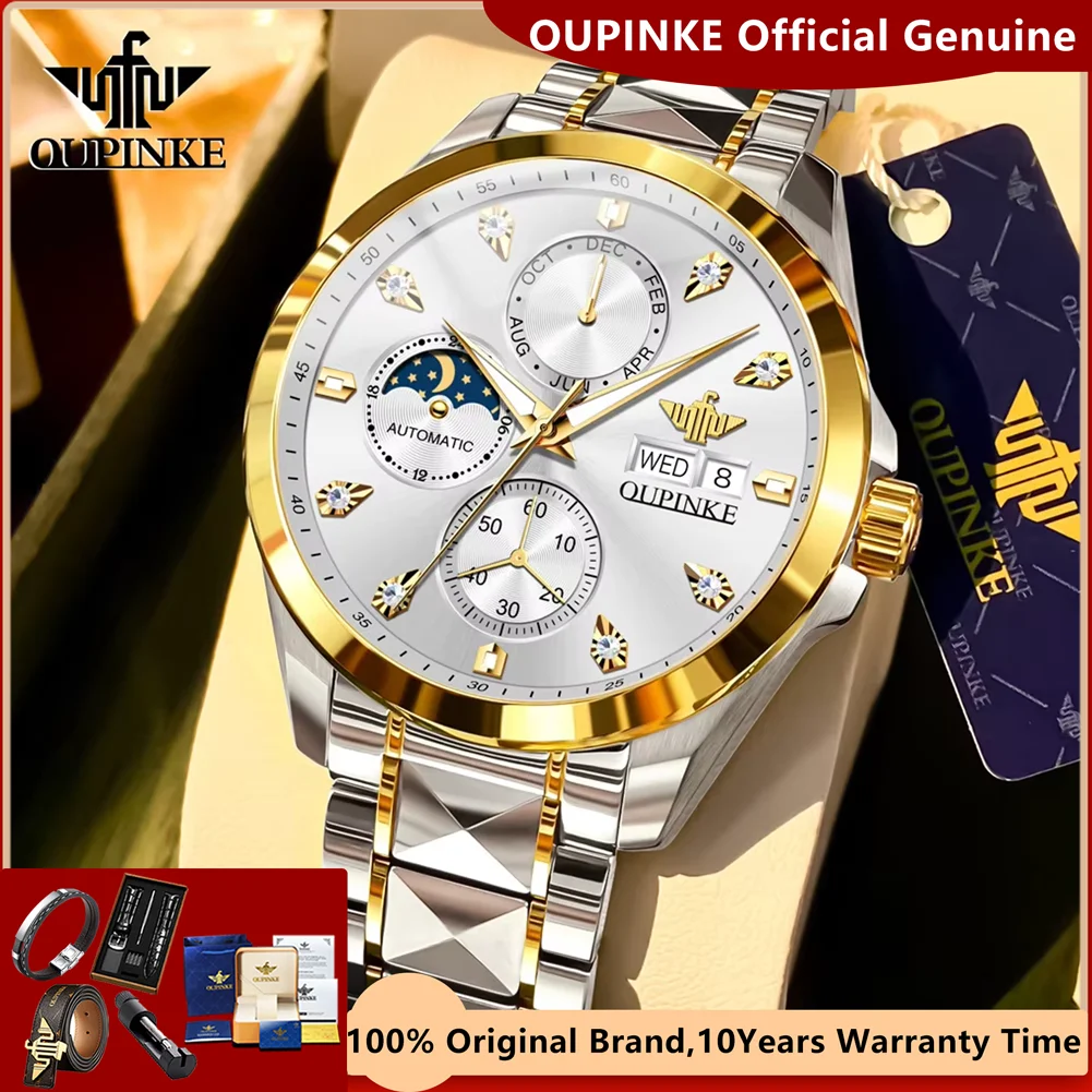 OUPINKE 3298 New Men\'s Watches High Quality Tungsten Steel Anti-Wear Man Watch Moon Phase Chronograph Automatic Mechaincal Watch