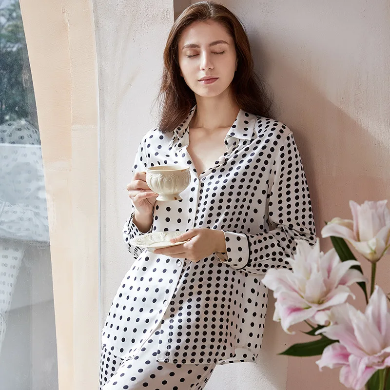 2023 NEW Summer 19mm 100%Silk Pajamas Set Women Silk Homewear Cardigan Sleepwear Red Blue High Quality Clothing