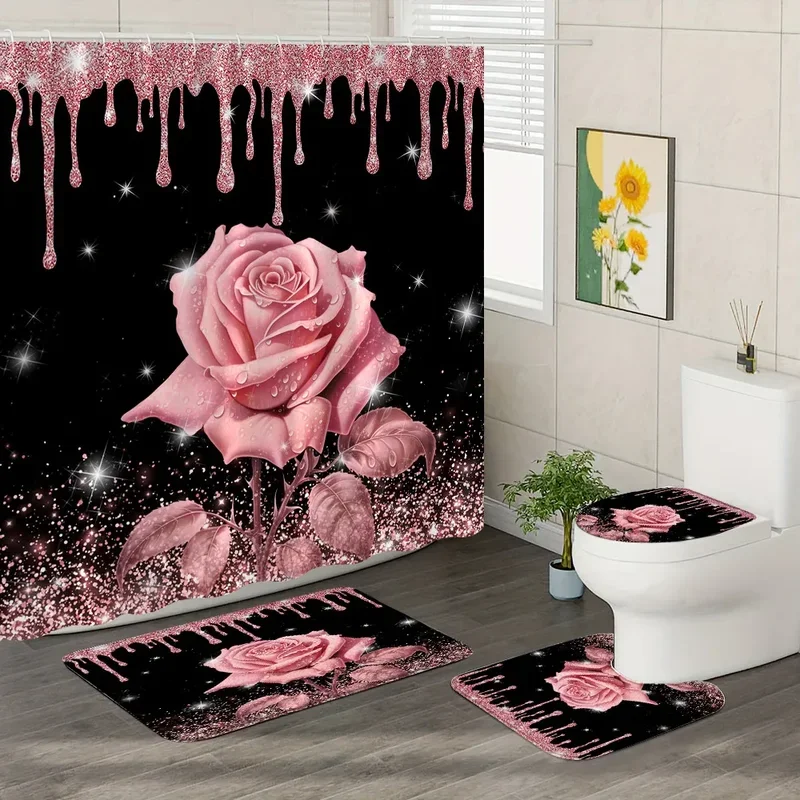 Pink Rose Shower Curtain and Rug Bathroom Set Floral Pink Glitter Shower Curtains Bath Mat Toilet Mat Bathroom Decor with Hooks