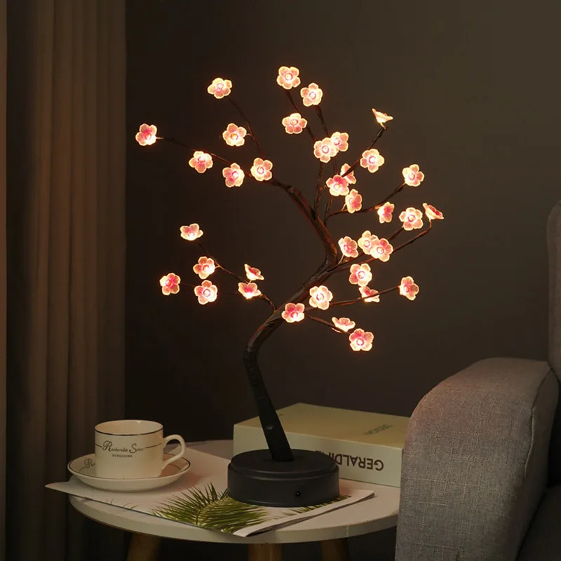 LED 테이블 램프 야간 조명 USB 불꽃 나무 조명 구리 와이어 테이블 램프 요정 야간 조명 가정용 침실 크리스마스 장식
