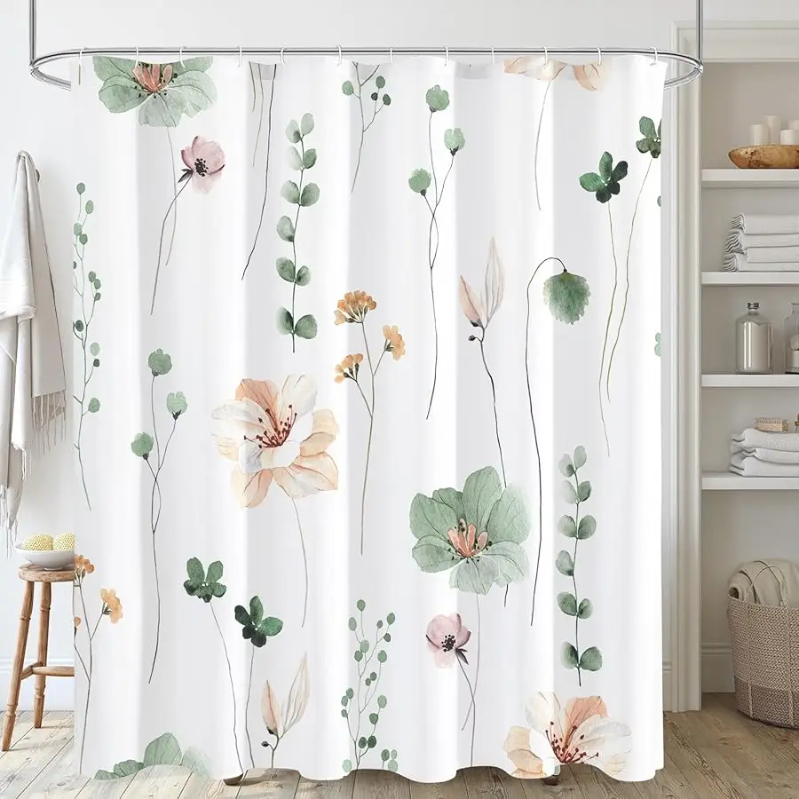 

Watercolor Floral Shower Curtain, Sage Green Beige Flower Shower Curtain for Bathroom, Modern Minimalist White Waterproof Fabric