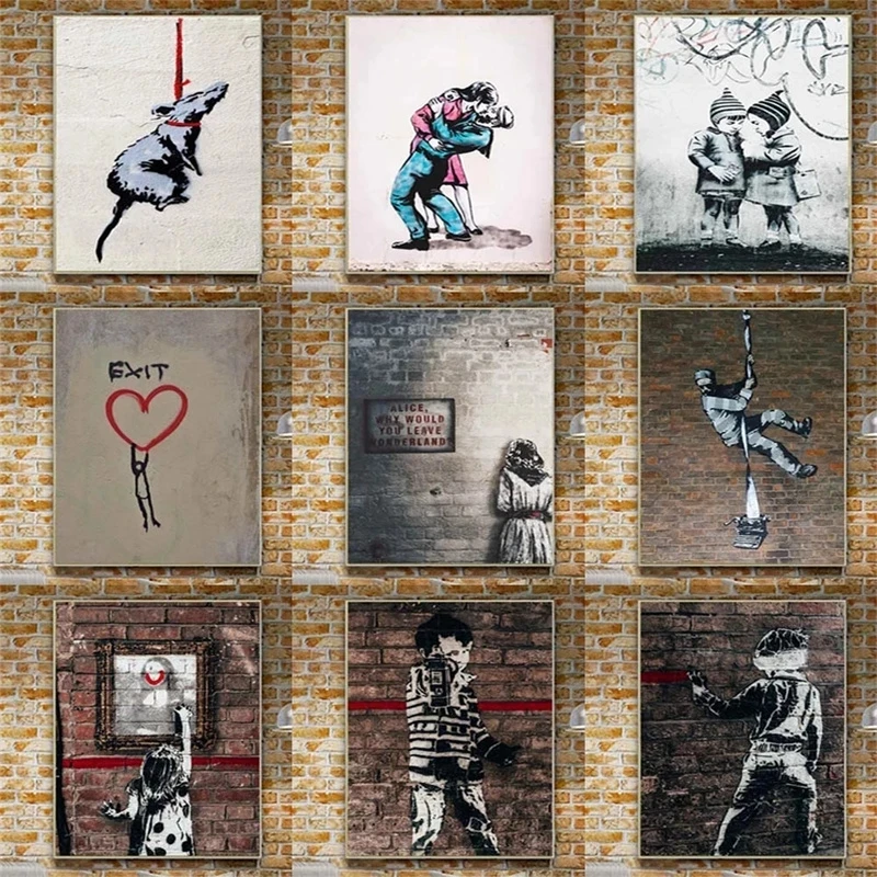 Banksy Graffiti Art Canvas Printings Street Wall Painting Love Little Boy Mural Poster Living Room Corridor Bar Home Decoration