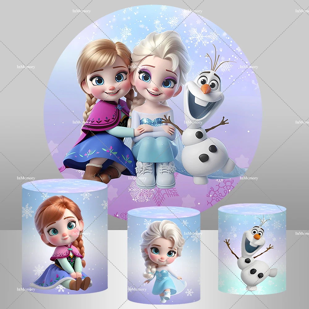 Couverture d'arrière-plan de photographie ronde Anna Elsa la reine des neiges, couverture de cylindre de fond de fête d'anniversaire pour filles, bonhomme de neige, réception-cadeau pour bébé
