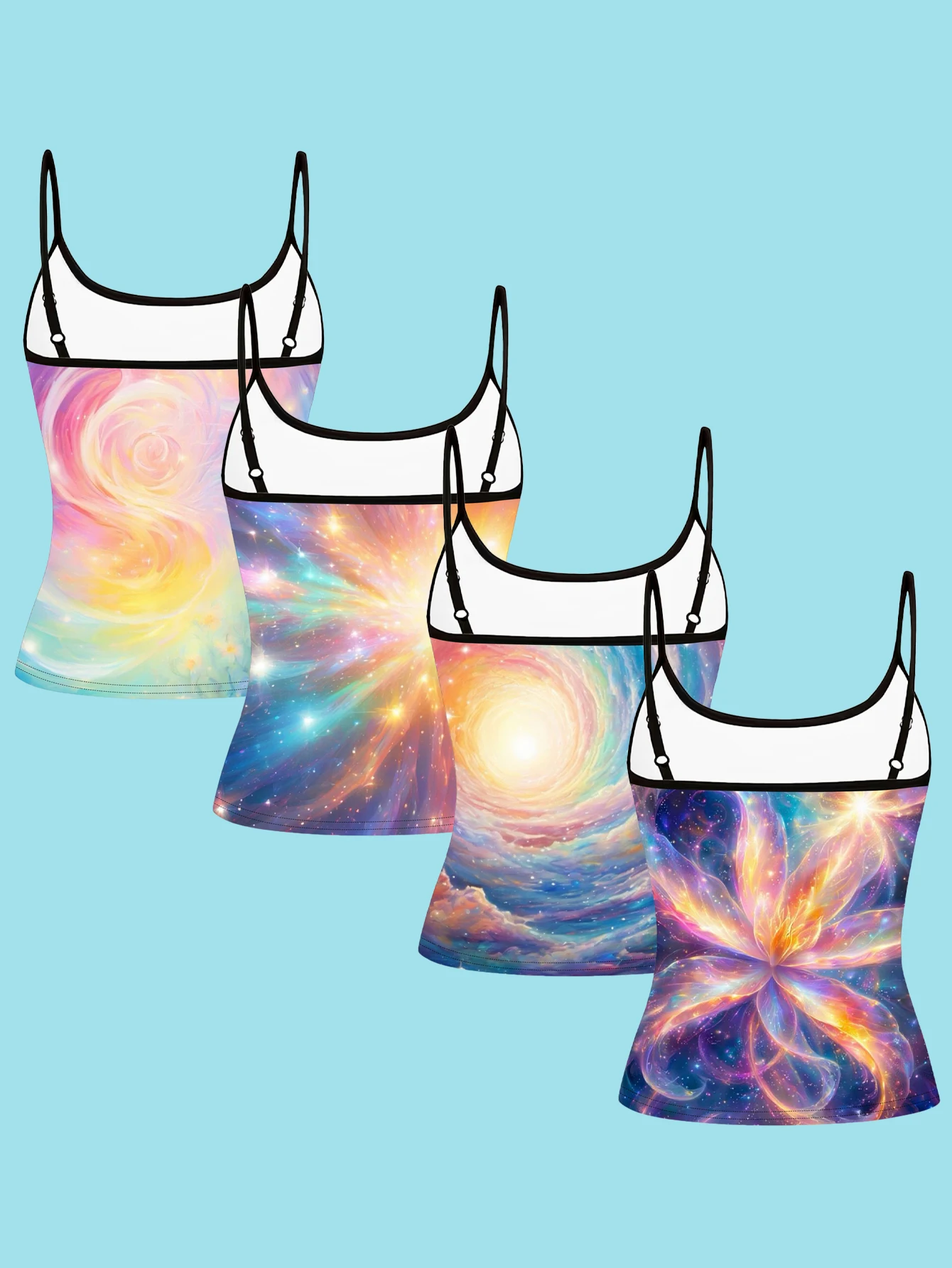 4-Piece Set of Women's Dreamy Nebula Floral Print Camisoles, Aurora Swirl Starry Sky Floral Slim-Fit Spaghetti Strap Inner Tops