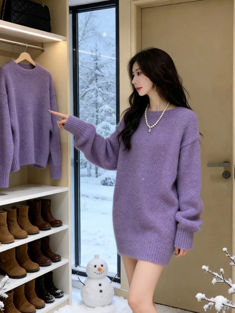 

Уникальный красивый корейский фиолетовый вязаный свитер ort Inner Wear Top Luxury Feel Loose Fit Long Sve для девочек