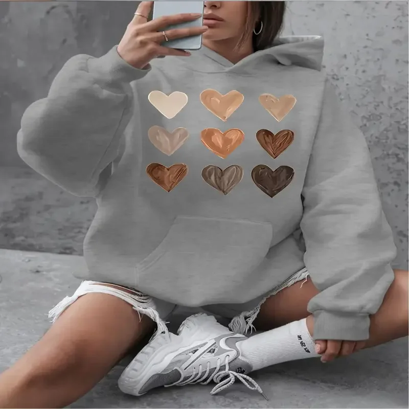 

Heart Print Hooded Sweatshirt Casual Pullover With Side Pockets Machine Washable Womens Autumn And Winter Seasons Comfort