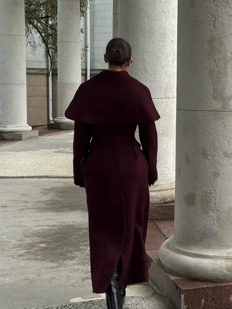 المرأة أنيقة التلبيب معطف الصوف الصلبة واحدة الصدر الخصر Cinching ضئيلة معطف طويل سيدة الخريف الشتاء تخفيف ملابس خارجية