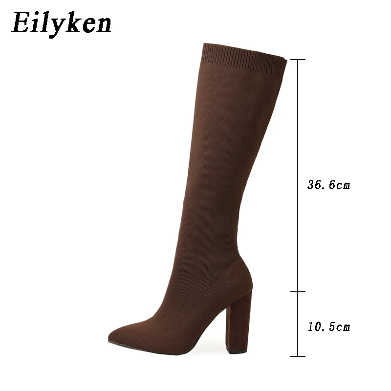 Eilyken moda tessuto elasticizzato lavorato a maglia cucito donna stivali al ginocchio tacchi alti quadrati stivali invernali caldi a punta da donna