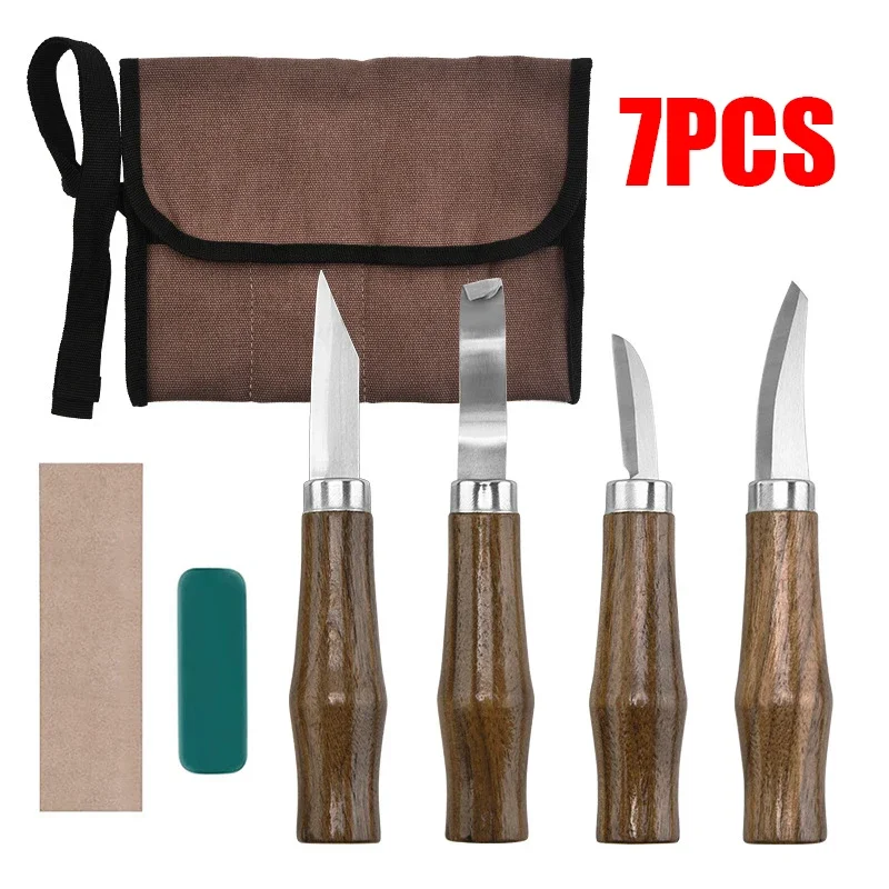 7PCS Wood Carving Chisel Knife Hand Tool Set Basic Detailed Woodworkers Gouges Multi Purpose DIY Professional Alloy Steel