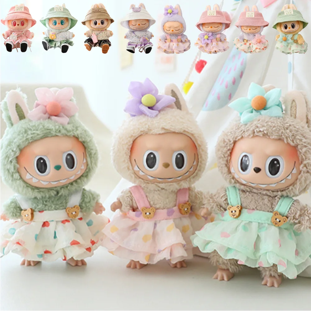 For 17cm Labubu Mini Doll Clothes Outfit Soft Knitted Sweater Suit Sitting Party JK Pleated Skirt Set Kawaii Bear Dress DIY Toy