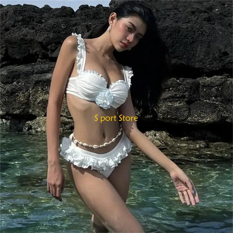 U2JB Women Ruffle V Neck Swimsuit Set Push Up Low Waist Bathing Suit Push Up Swimwear Padded Bathing Suit for Beach Pool