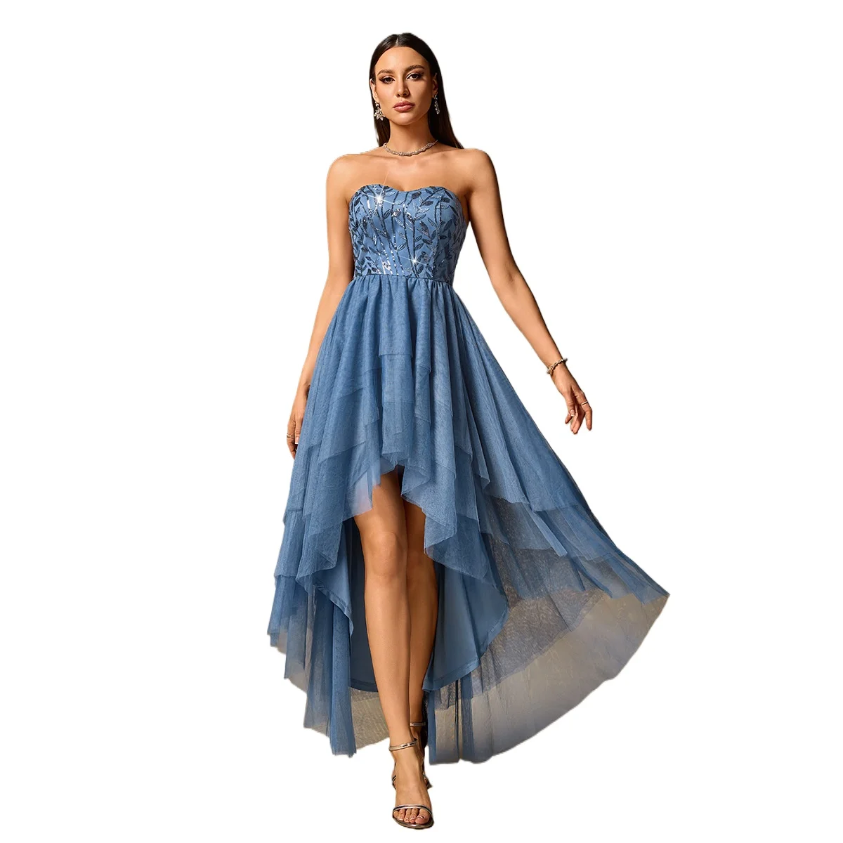 

Fashionable Sweetheart Sleeveless High Low Tiers Mesh Sequined Long Party Prom Dress