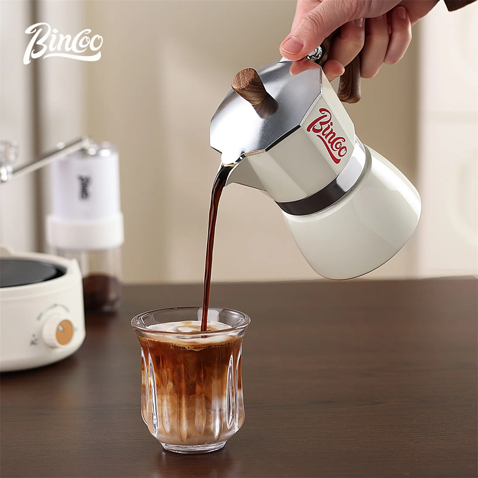 وعاء Bincoo Moka وموقد كهربائي كومبو ماكينة الاسبريسو تصميم مدمج للمساحات الصغيرة لتخمير القهوة على الطراز الإيطالي الغني