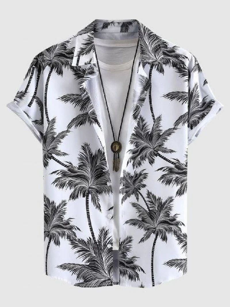 Hawaiian men\'s short sleeved shirt with coconut tree print pattern fashionable and casual lapel shirt  luxurious and retro style