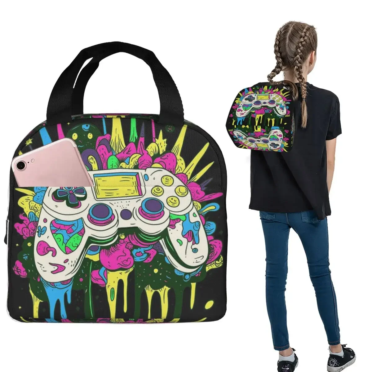 Colorful Graffiti Abstract Gamer Gamepad Insulated Lunch Bag for Women Children Portable Food Boxes Thermal Lunch Box Tote