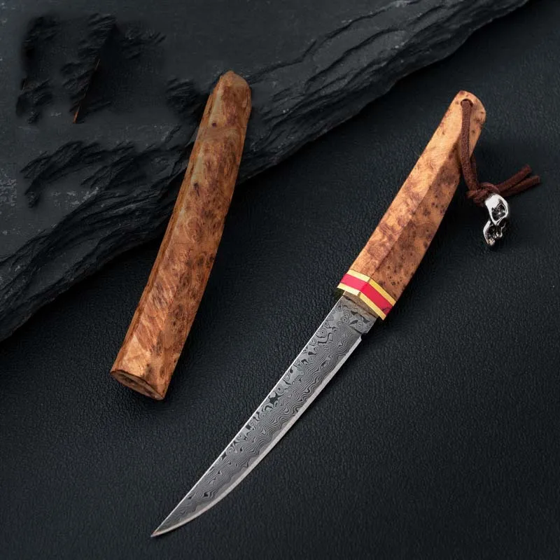 

Damascus Steel Outdoor Portable Small straight knives 60HRC High Hardness Handmade Knives Bending Moon Knives Wooden Handle