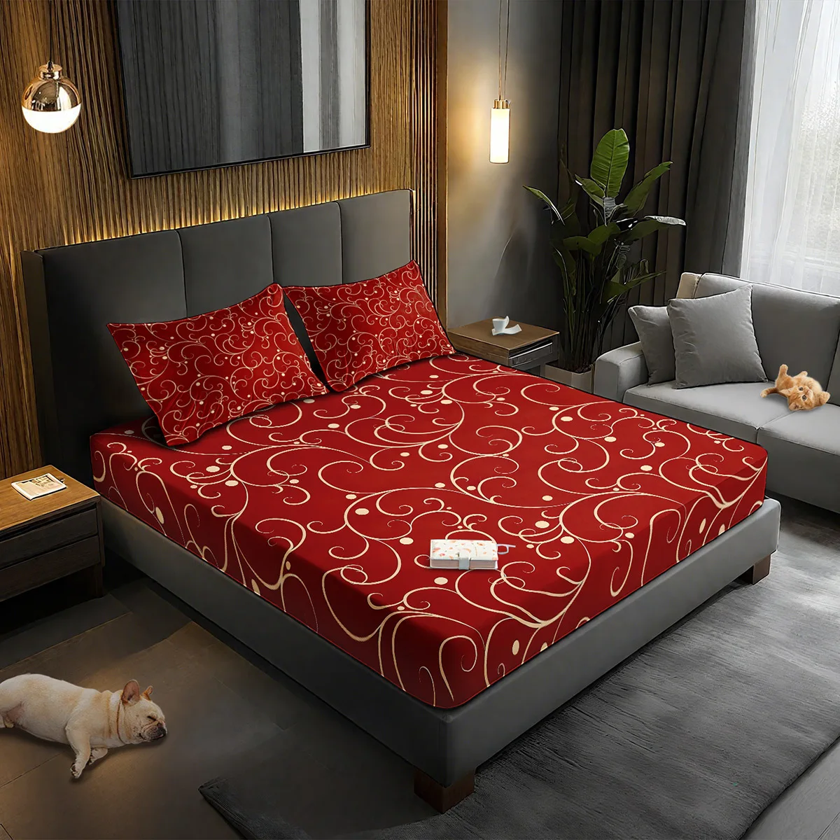 Red swirl print fitted sheet set, suitable for all seasons, decorative mattress cover, three-piece bedding set (includes 1 fitted sheet + 2 pillowcases), 3-piece set, large-capacity deep pocket 2D printed fitted sheet and 2 pillowcases, bedding mattress protector, fitted elastic style, protective cover, mattress protector, suitable for all seasons, machine washable design, holiday decoration, various sizes, breathable protective cover with pillowcase