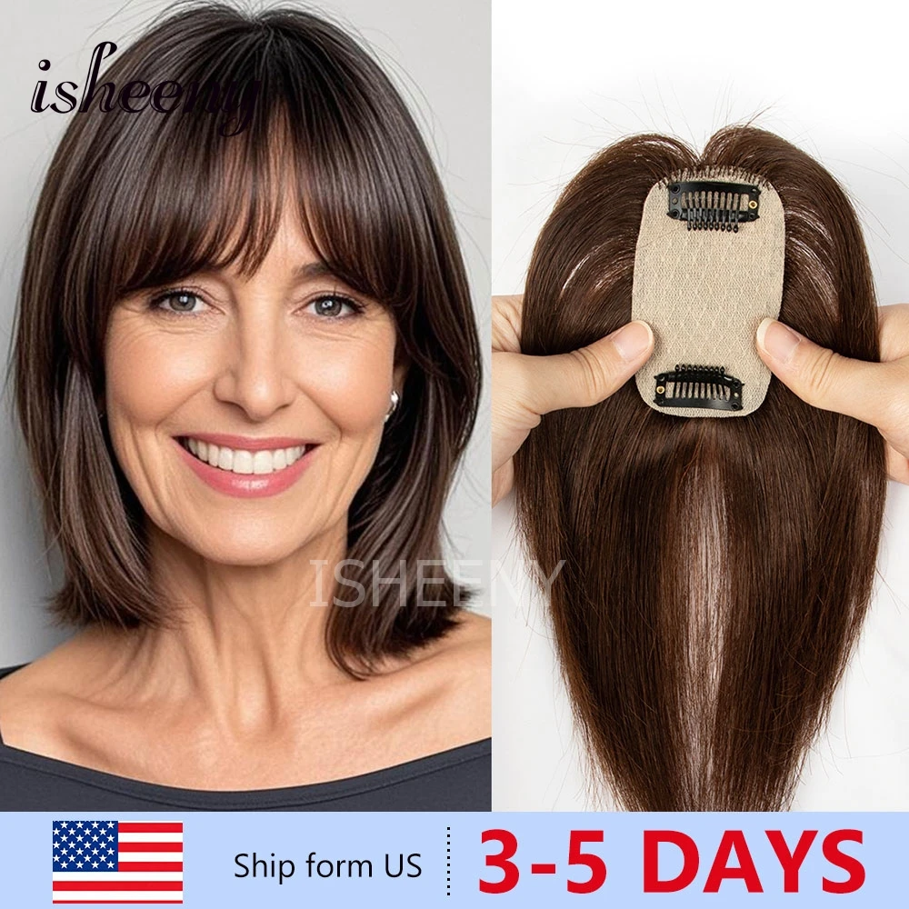 5x9cm Brown Human Hair Topper Hair Pieces 8inch-14inch Straight Hair Length Natural Center Part with Thinning Hair Bangs