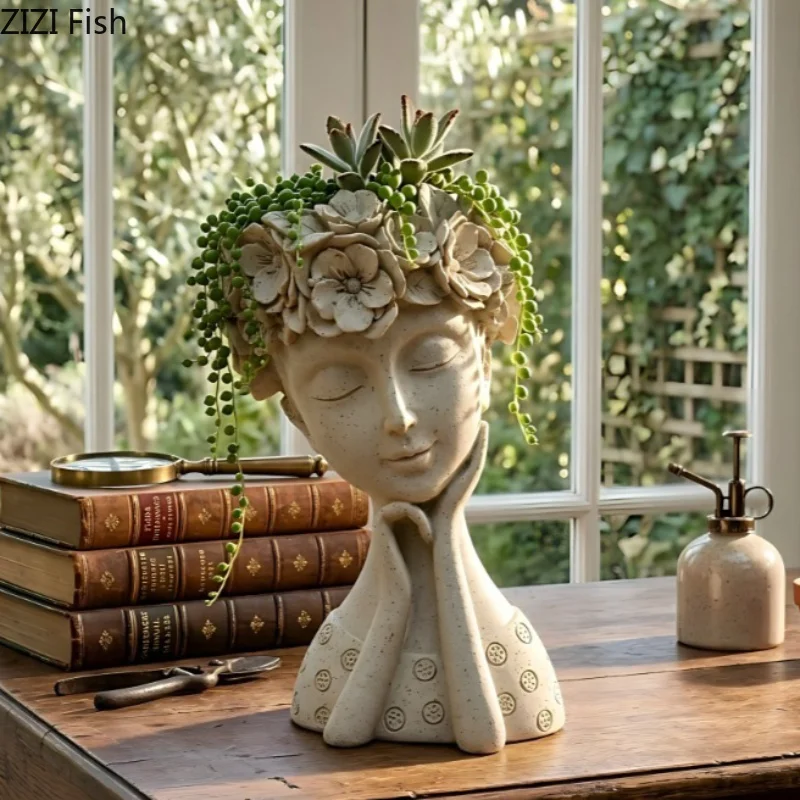 Resin Flower Wreath Girl Flowerpot Plant Pot Flower Arrangement Potted Plant Human Head Succulent Pot Ornament Gardening Pots
