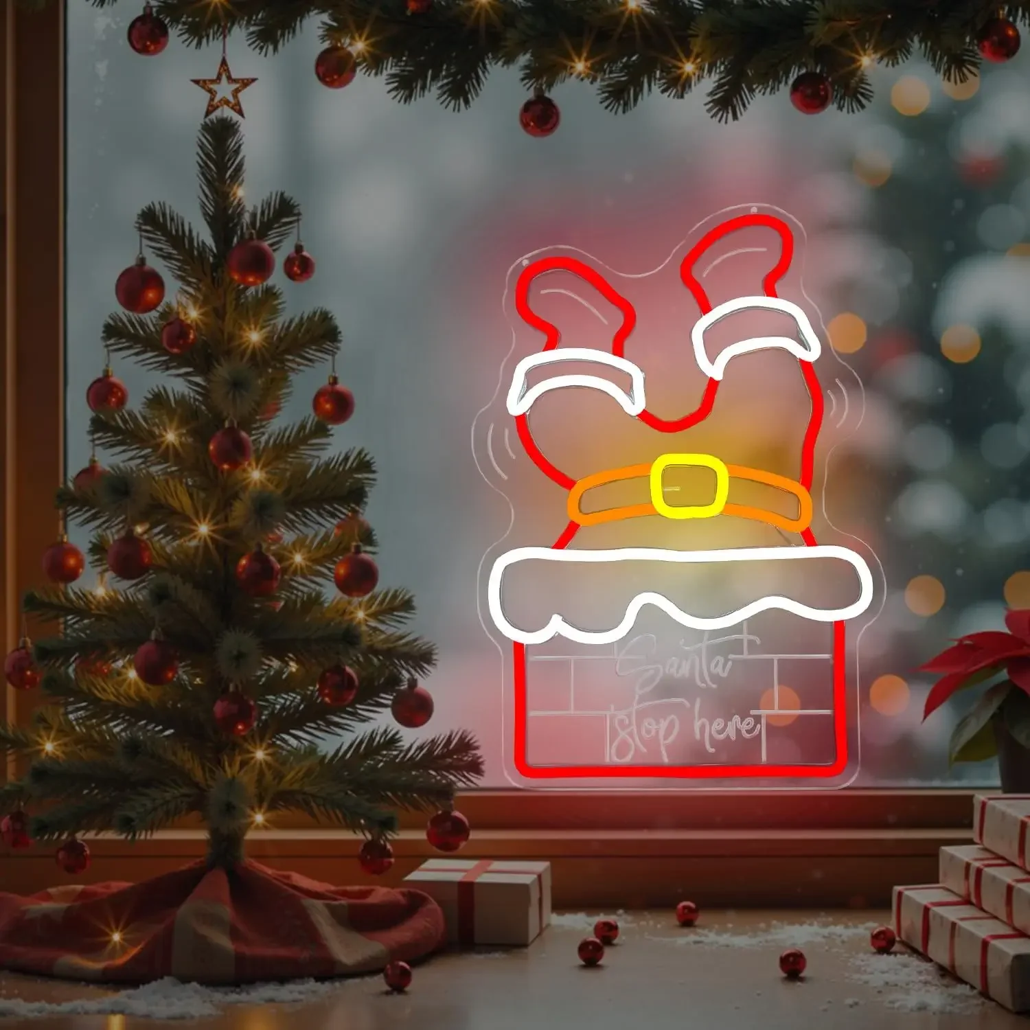 Santa Stop Here Neon Sign LED Dimmable Funny Chimney Neon Sign for Bedroom Xmas Merry Christmas Holiday Decor Gifts for Kids