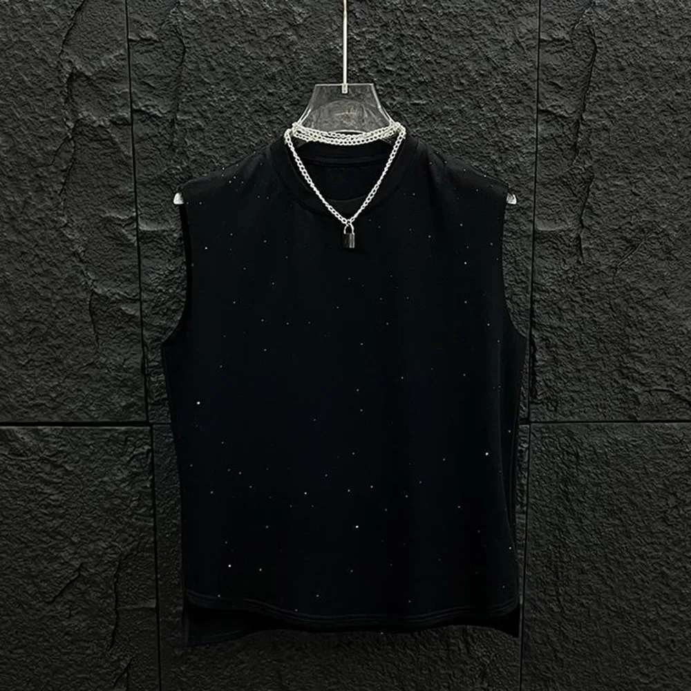 

2025 Summer New Men's Solid Color Hot Diamond Sleeveless Vest American Retro Fashion Trend Street Niche Casual Loose Men's Tops