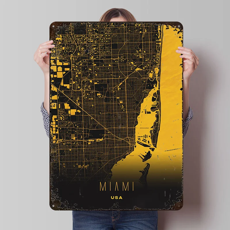 Miami Florida - Golden Atlantic Poster Customized Vintage Metal Signs Wall Art Retro Tin Plaque for House Decor Room Wand Deko
