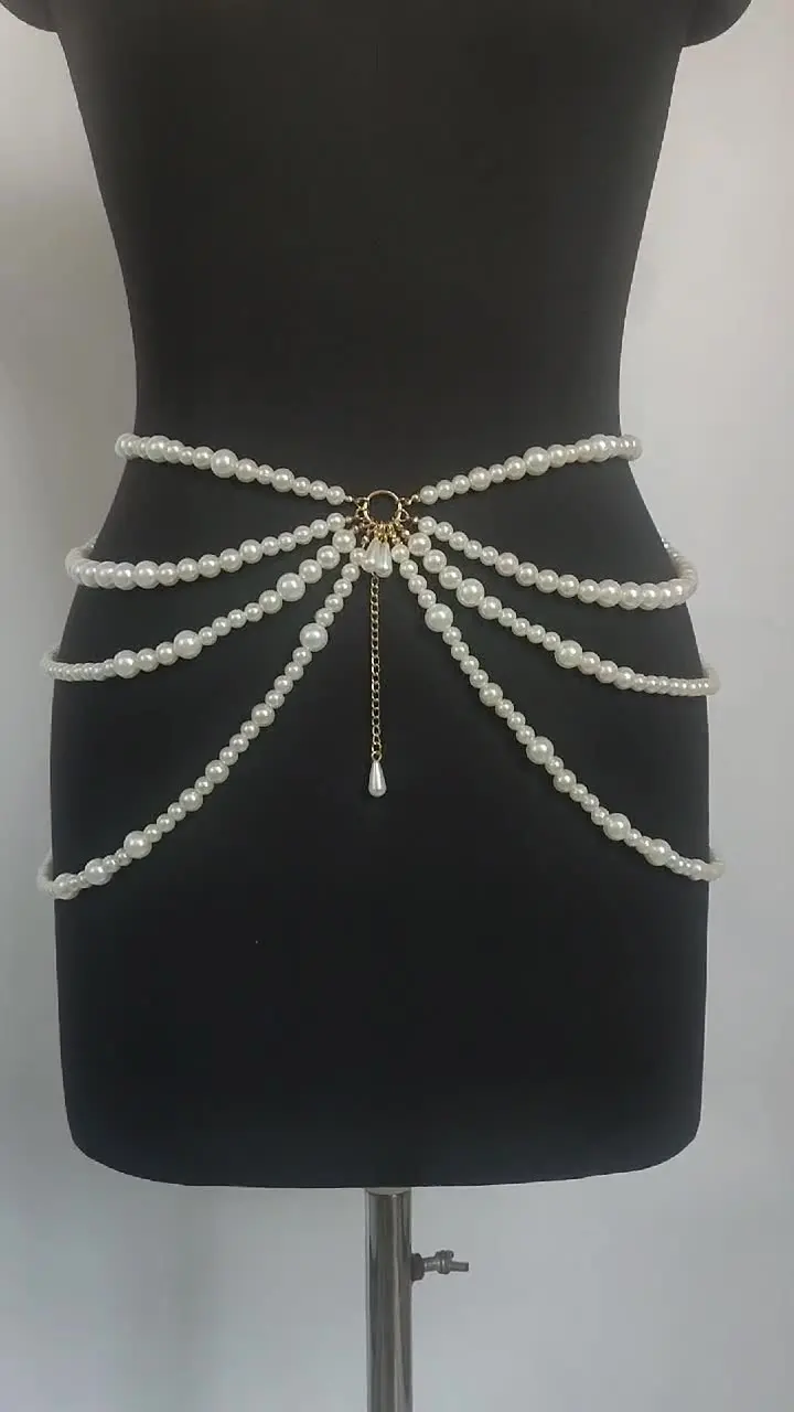 Y2K Jewelry Multilayer Pearl Waist Chain for Women's Fashion Retro Character Playing Body Accessories Party Gift Belly Chains