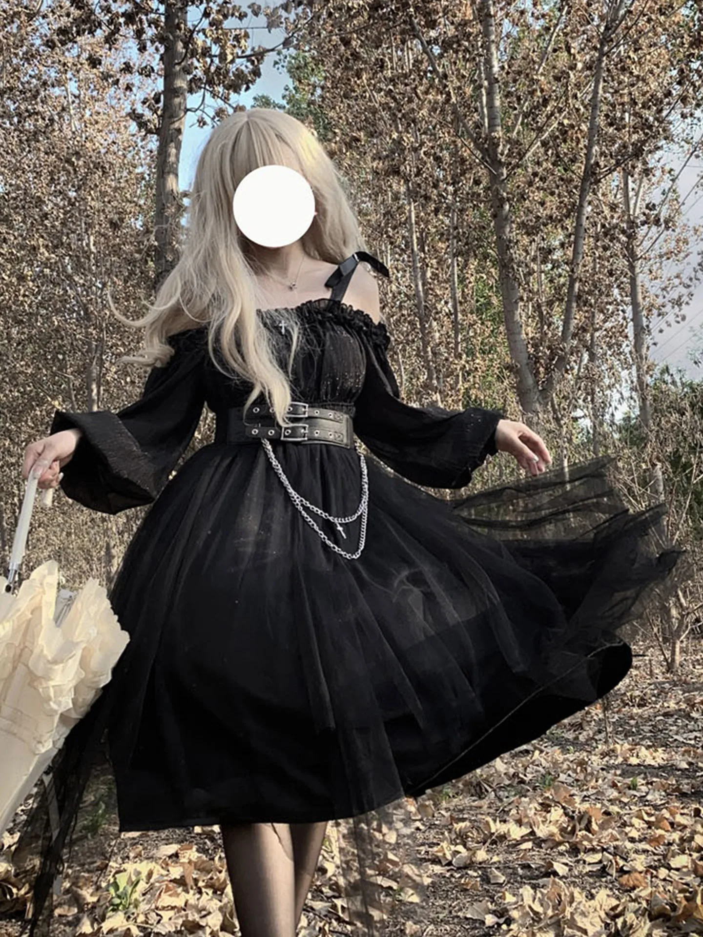 

Gothic Lolita Style plus Size Dress Halloween Christmas Dark Series Long Sleeve Princess Sleeve Midi Skirt Belted Waist