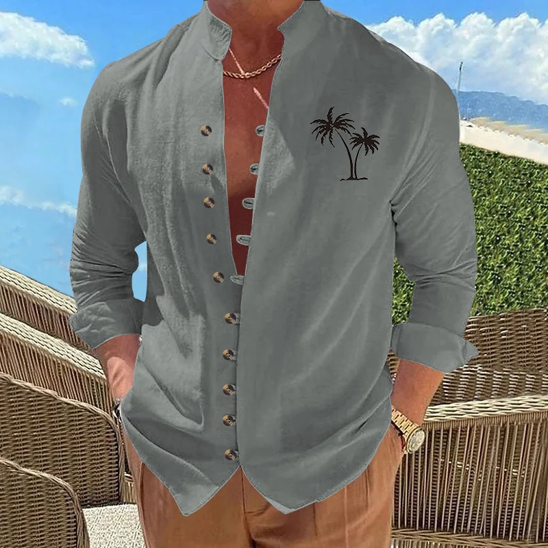 Cross-border Summer Explosion Coconut Palm Casual Print Retro Stand-up Collar Long-sleeved Button-up Men's Shirt