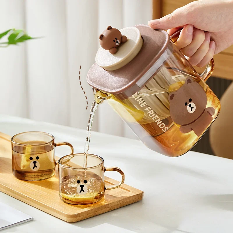 Brown Cartoon Glass Cold Water Pot Anime Kawaii Home Creative Water Cup Cold Water Pot Heat Resistant Tea Pot Set