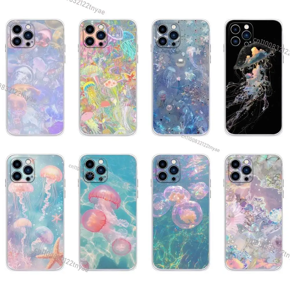 

Blue Melancholy Ocean Jellyfish Phone Case For iPhone 17,16,15,14,13,12,11,Plus,Pro,Max,XR,XS,Plus,E,Mini Transparent Soft Cover
