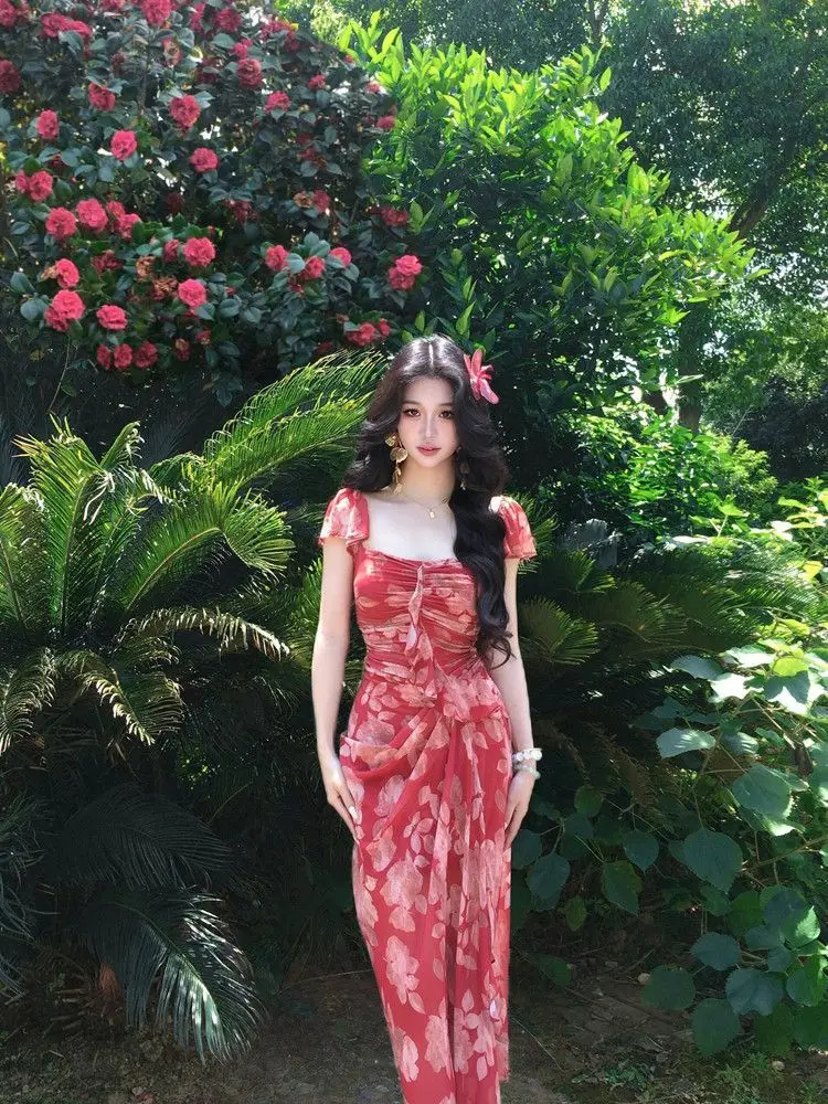 

2025 Spring Light and Thin Purple Holiday Style Dress Women's French Fashion Fragmented Flower Long Female Clothing