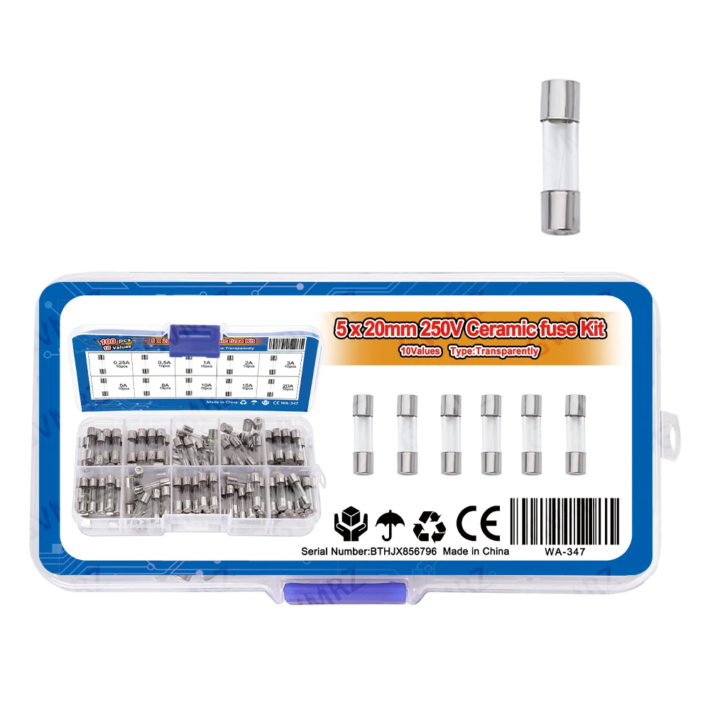 100pcs 5x20mm Quick Blow Glass Tube Fuse Assorted Kit Amp 0.25A 0.5A 1A 2A 3A 5A 250V with Storage Box  8A 10A 15A 20A