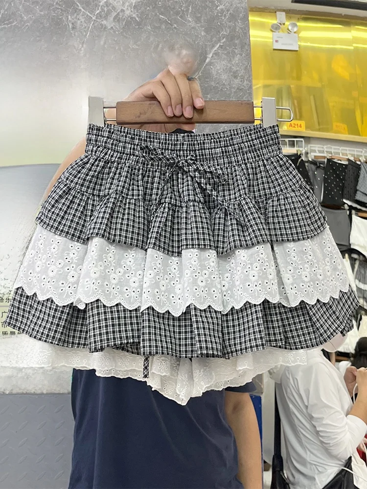 

High Waist Plaid ort Skirt for Women Summer New Sle Lace Splicing A-Line Casual Skirt Slimming Versatile f-length Skirt