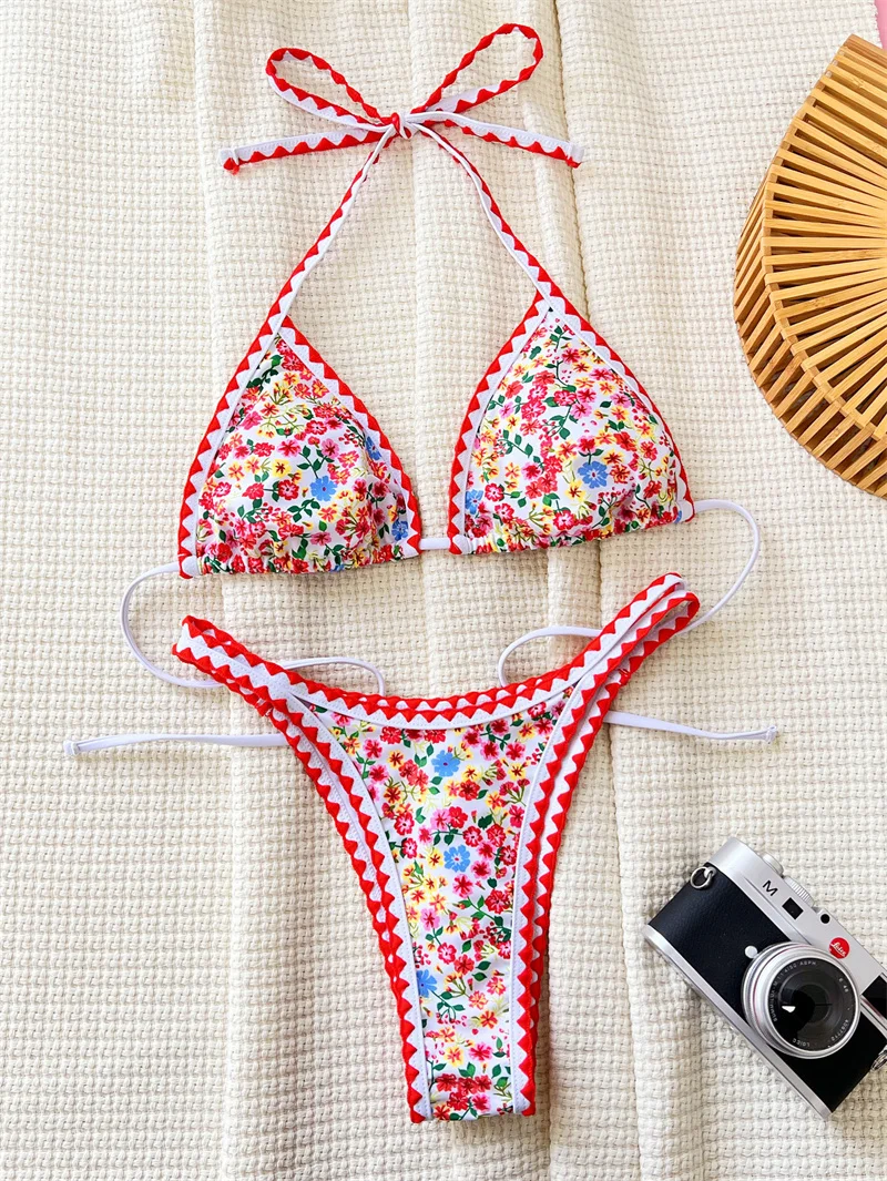 Para Praia 2024 Flower Printed Halter Strappy High Cut Bikini Set Female Swimsuit Women Swimwear Floral Bathing Suit for Women