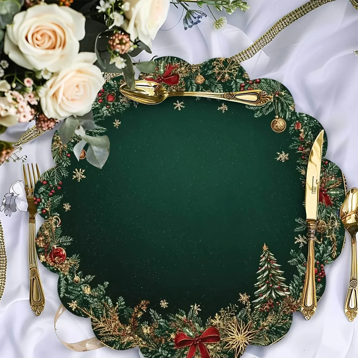 4/6 Stück Runde 38cm Tischsets für Esstische, Weihnachtliche Smaragdgrüne Goldmuster-Tischmatten, Ideal für Weihnachten – Detail 6