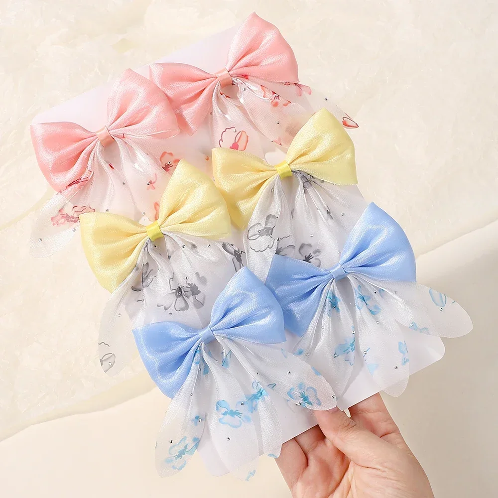 

LOVEKIKI 2Pcs/Set Sweet Hair Bows Hairbangs for Girls Hairgripes Cheer Bow Stain Hairclip Chiffon Printing Headdress Claws Gifts