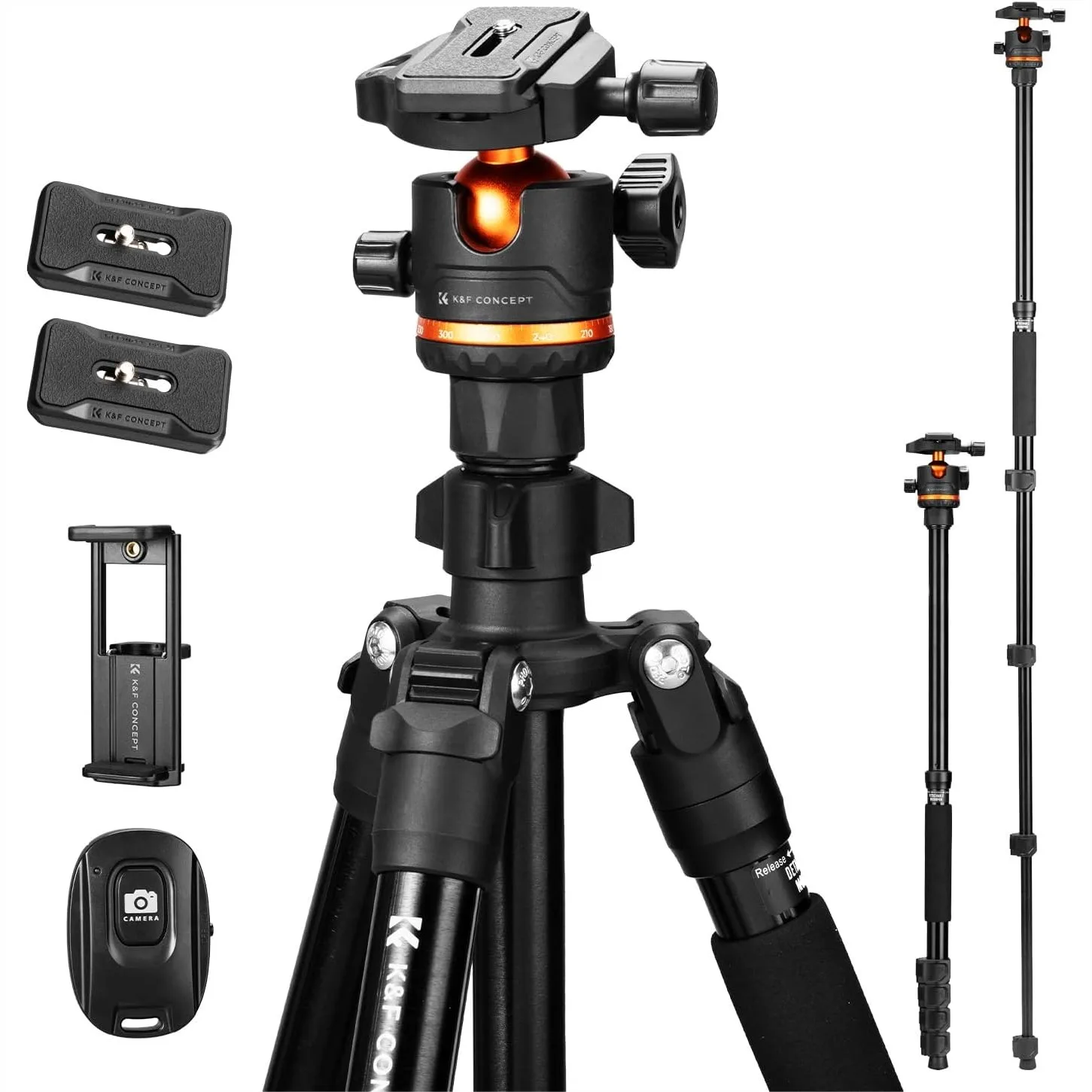 

76" Camera Tripod with 360° Ball Head & Phone Holder, Detachable Monopod for DSLR/Smartphone Photography