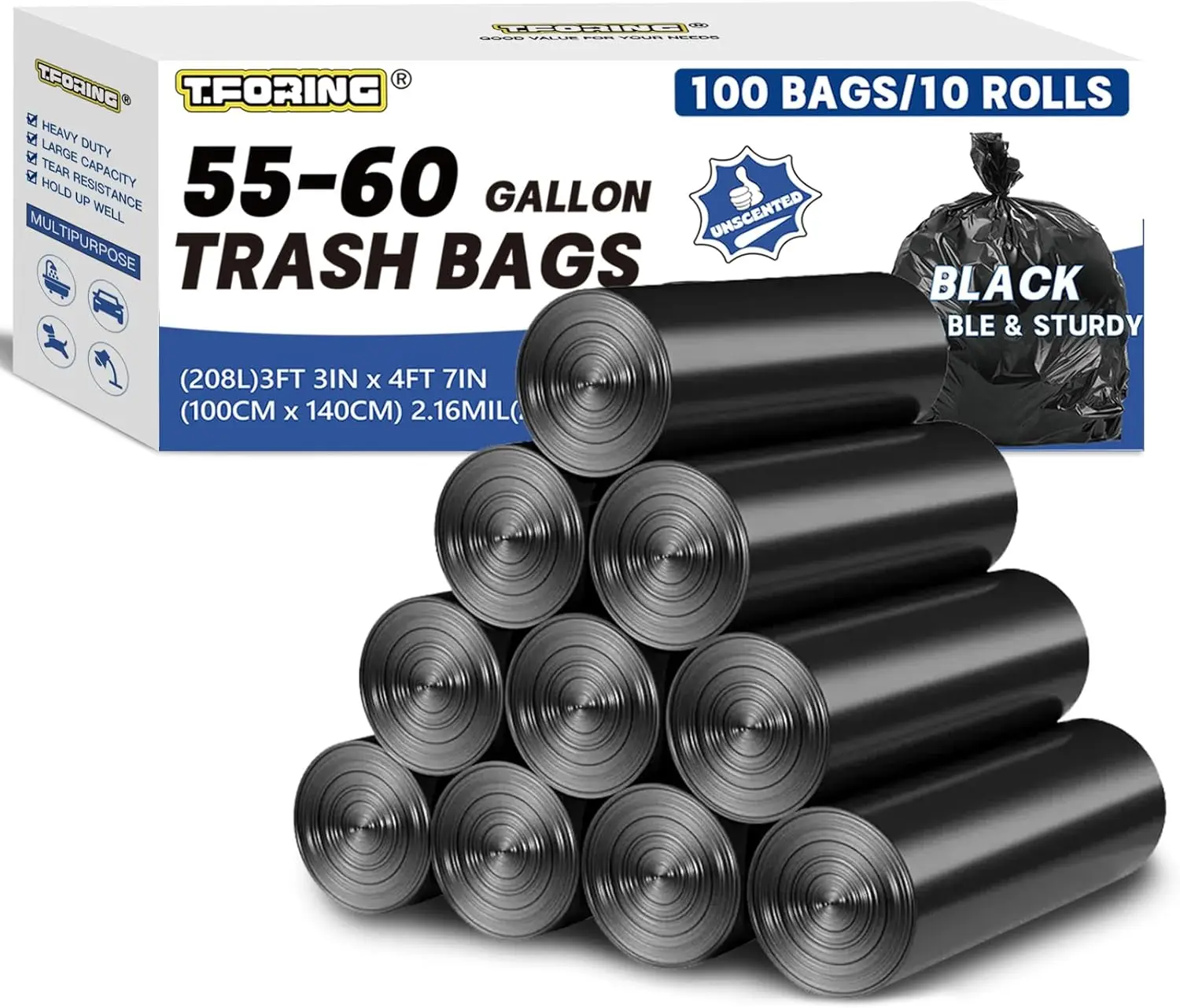 

Heavy Duty 55-60 Gallon Trash Bags, 2.1 Mil Thick, 39x55 Inches, 100 Count Black Garbage Liners for Industrial Use
