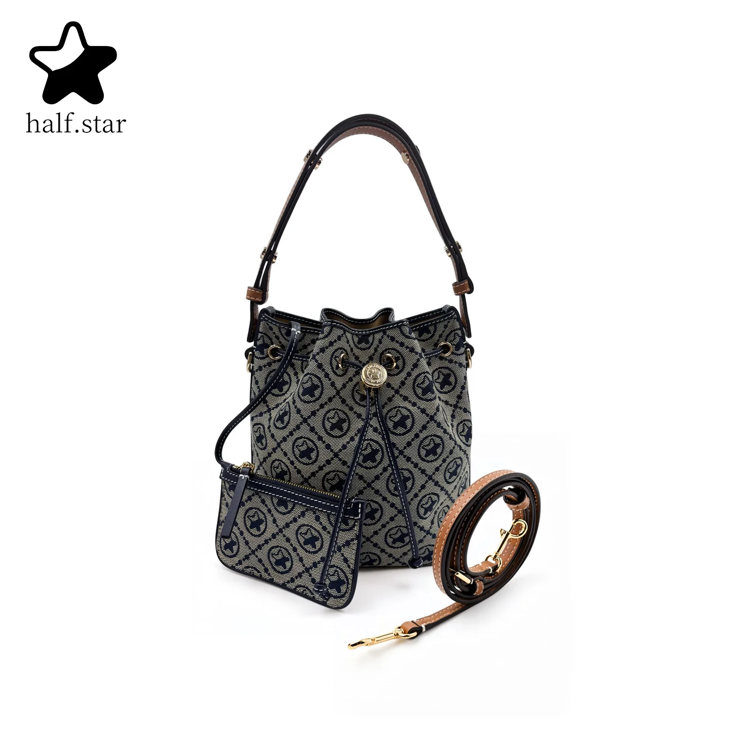

Retro Monogram Jacquard Bucket Bag for Women, Top-Grain Leather Drawstring Crossbody Shoulder Underarm Purse for Daily