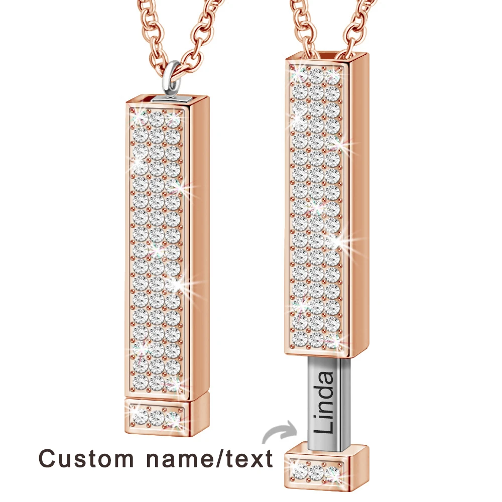 

Personalized Hidden Message Necklace Custom Name Engraved Ice Out Zircon Stone Vertical Bar Drop Pendant Anniversary Gift Women