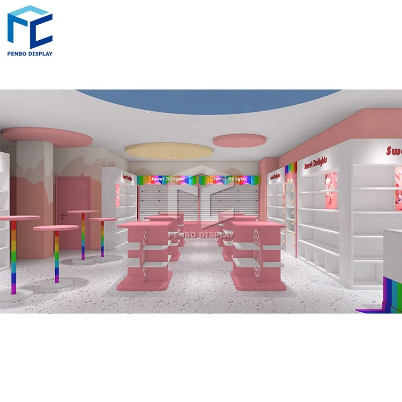 

2025customized.Lovely Pink Candy Store Fixtures Design Wooden Sugar Shop Display Stand Customized Design Candy Shop Furniture