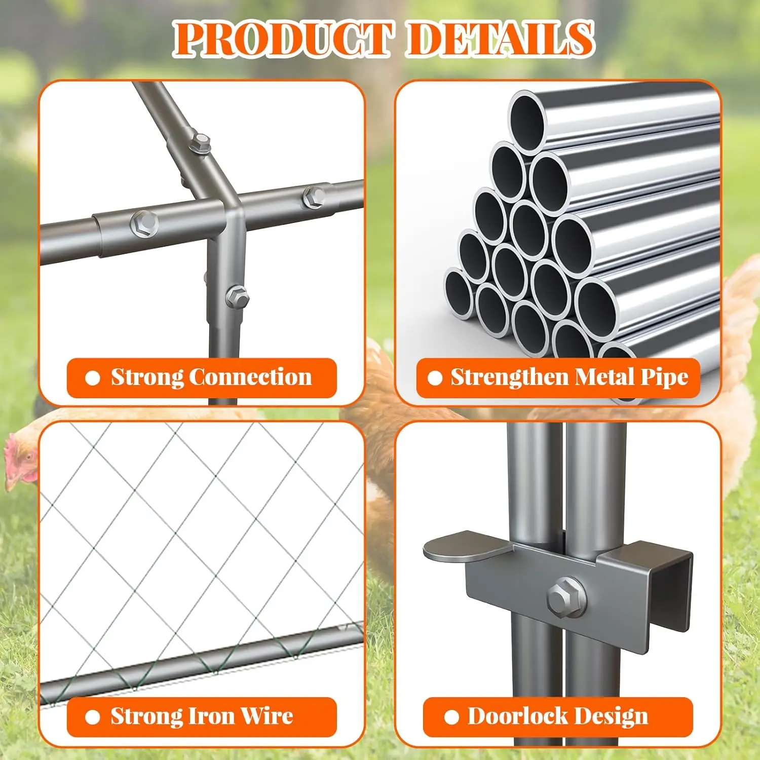 أقفاص الدواجن للحيوانات الصغيرة، قفص معدني كبير مقاس 300 × 100 × 100 سم مع بابين وغطاء مقاوم للماء لأقواس الدجاج والأرانب والبط