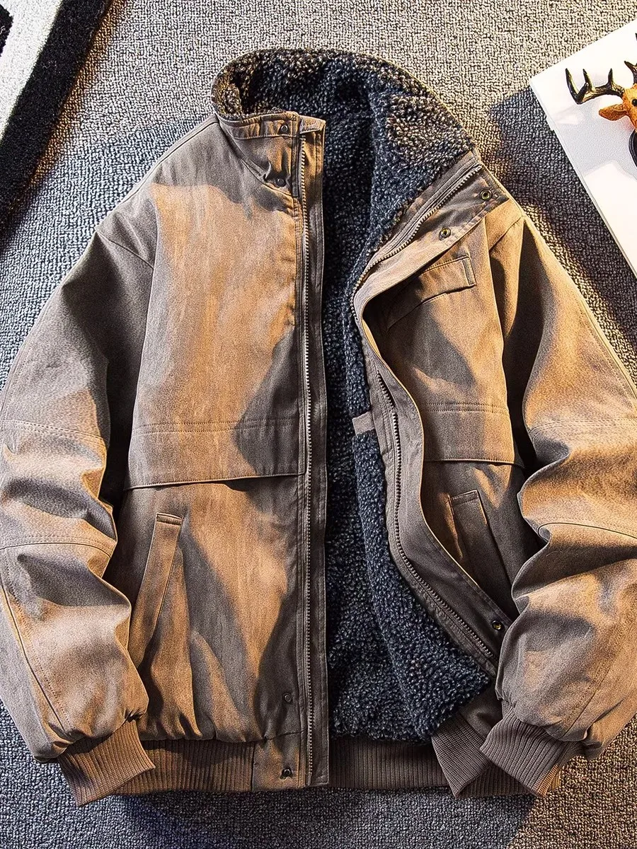 

Ретро-рабочая куртка из утолщенного хлопка с воротником-стойкой и подкладкой из овечьего флиса для мужчин, осенне-зимняя, новая модная теплая куртка с флисовой подкладкой