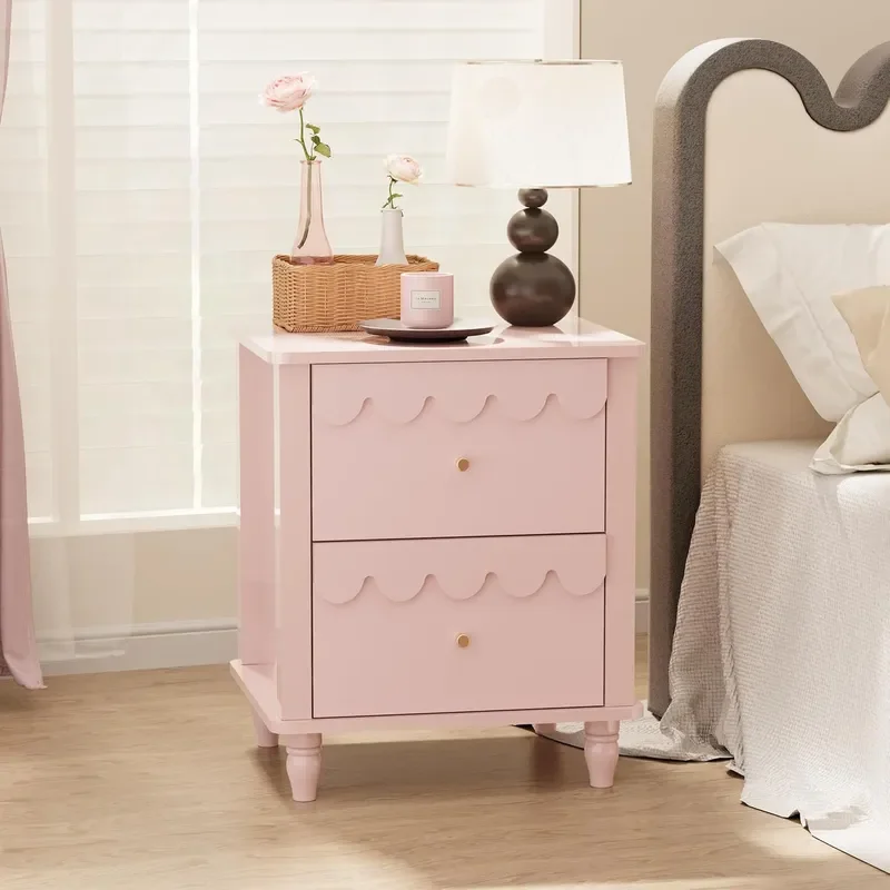 European Style Pink Lace Wavy Bedside Table with Two Drawers Pine Wood Legs Customizable Bedroom Nightstand Factory Wholesale
