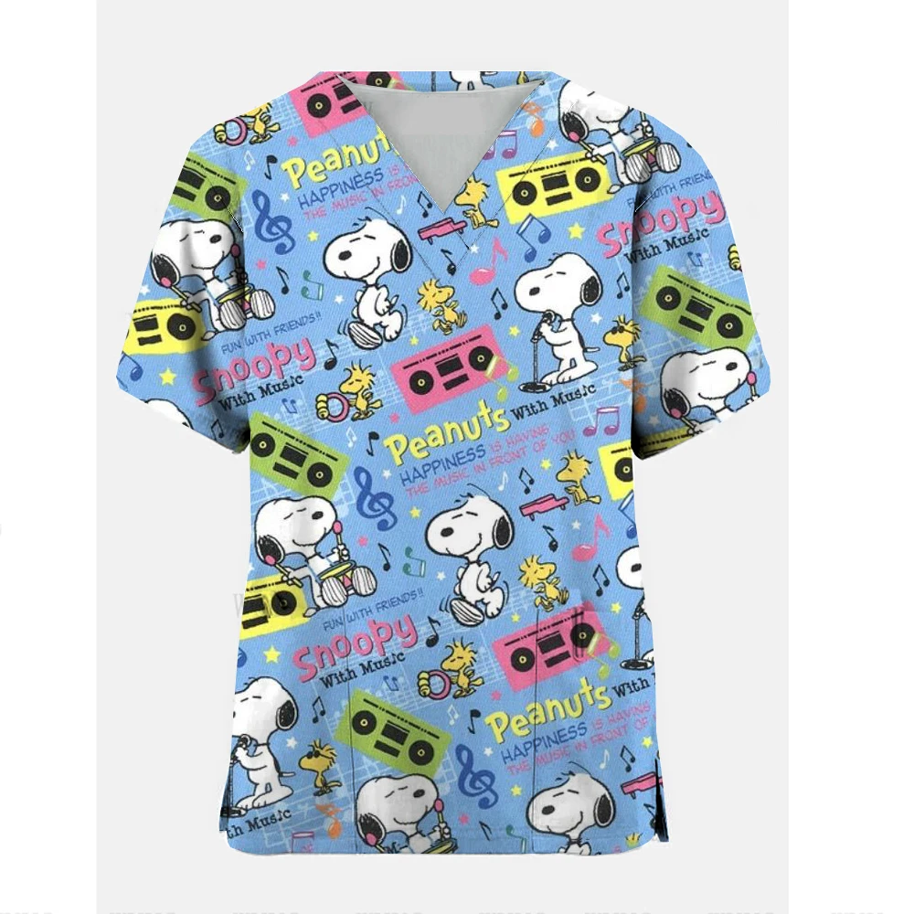 

Women Scrub Top With V-neck Snoopy cartoon Scrub Uniforms Thin Nurse Scrub Tops For Women Short Sleeve Blouse Healthcare Tunic