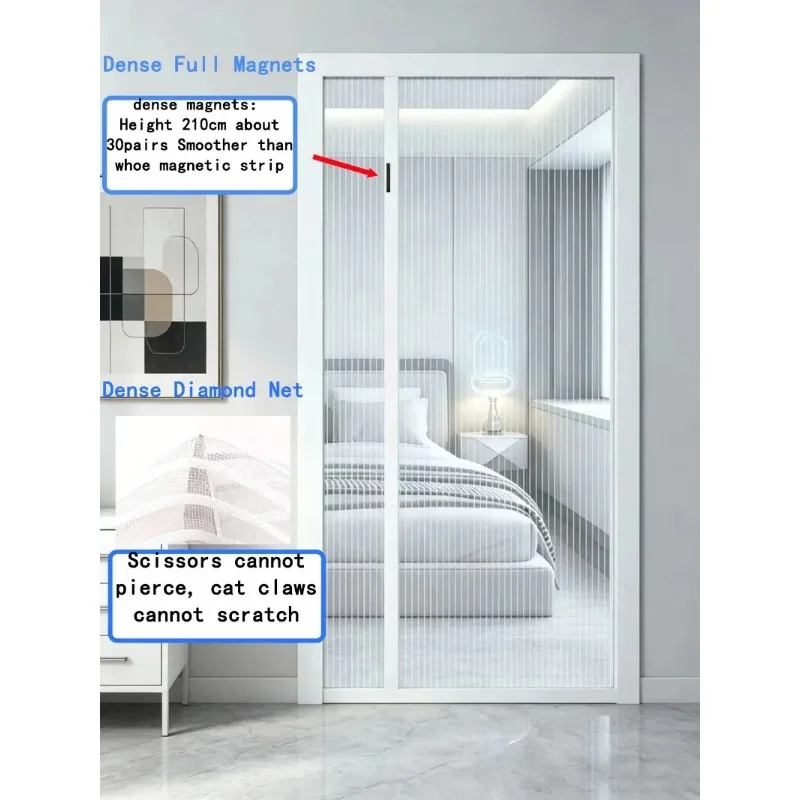 Left Side Opening Diamond Mesh Mosquito Proof Door Screen, Magnetic Door Curtain, Fashionable, White, No Punching Required