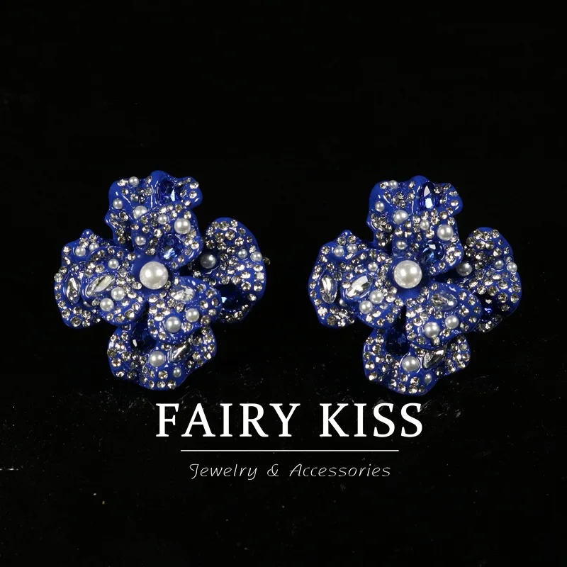heavy industry stud earrings  diamond design blue three-dimensional simulated flower elegant earrings 925 silver