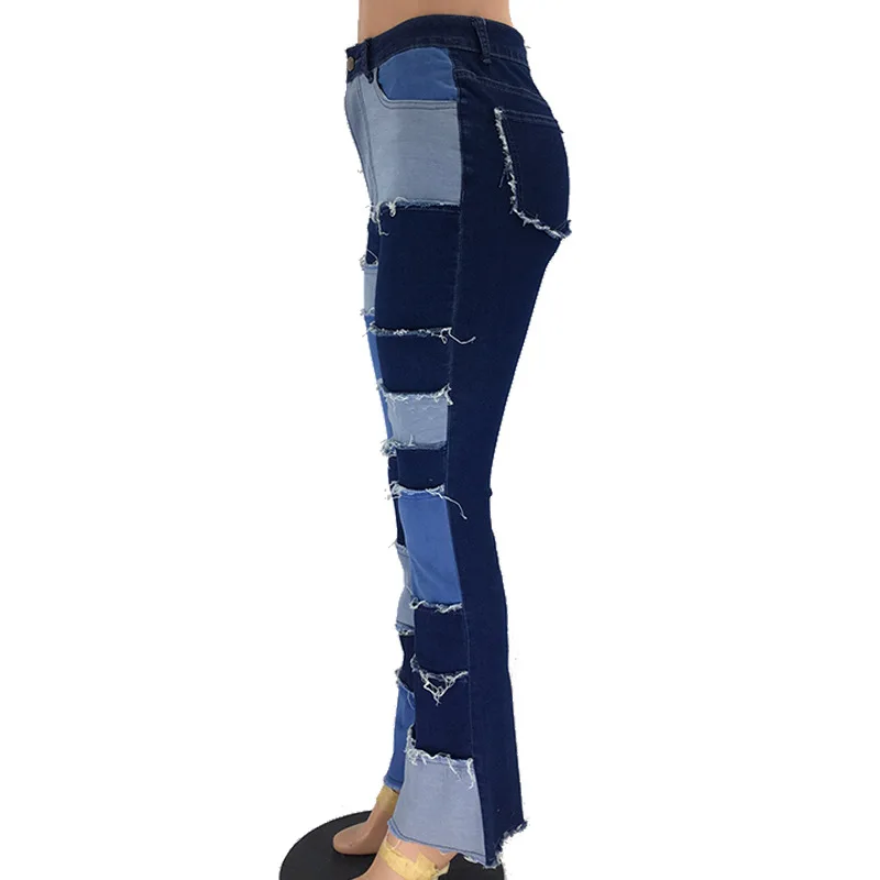Pantaloni svasati Jeans da donna Taglio a stivale Patchwork Vita alta Stretch Distressed Pantaloni jeans femminili lavati vintage Streetwear